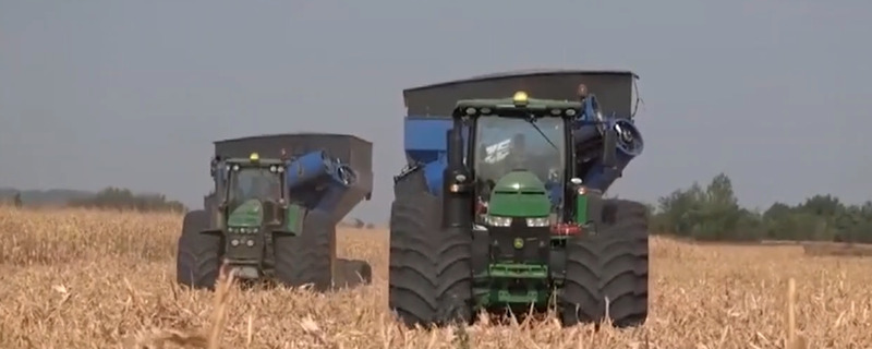 看看美国农场收割玉米作业现场，运粮用的大宽胎拖拉机，太霸气了
