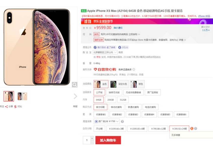 苹果iPhone XS Max京东白条限时24期免息：9599元起