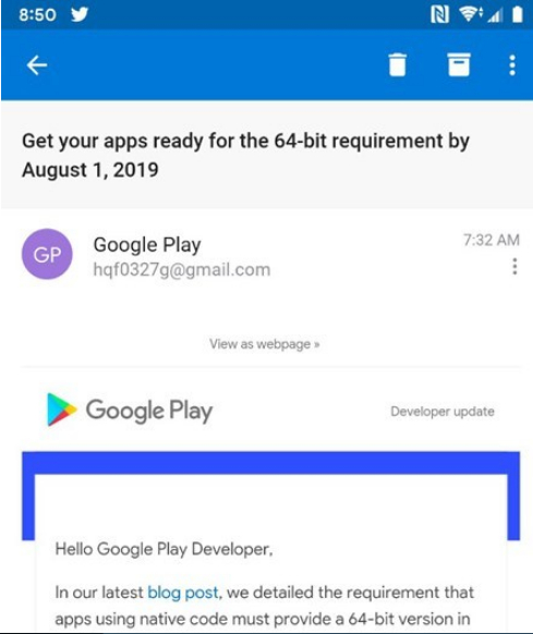 谷歌Google Play催促： 8月1日前必须提供Android 64位应用版本