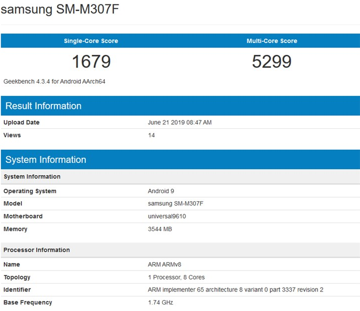 Geekbench网站曝三星Galaxy M30s跑分：单核1679，多核5299