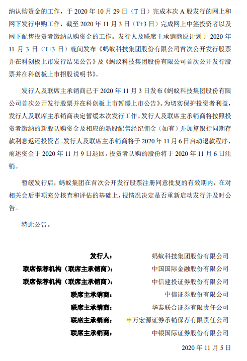 蚂蚁集团科创板将在6日申购资金启动退款(1)