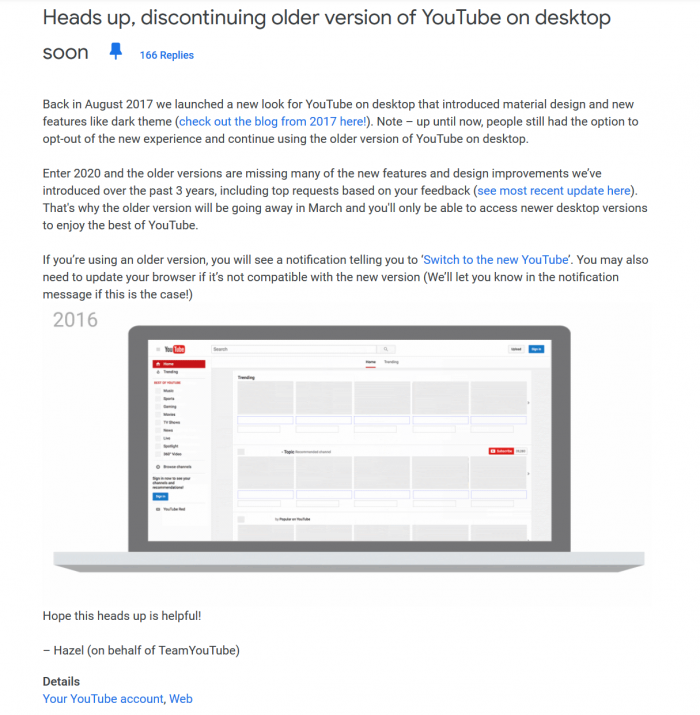 Google：请注意，将停用旧桌面版 YouTube(2)