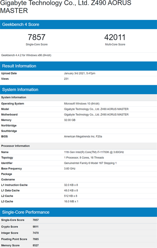 i7-11700K 跑分陆续现身 Geekbench 5 与 Geekbench 4 资料库，比上一代快 36%，击败