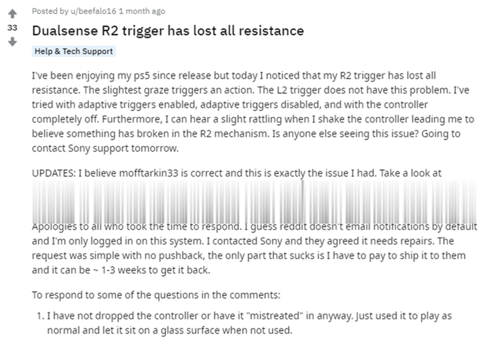 DualSense 控制器的触觉反馈功能故障、R2 键鬆动(3)