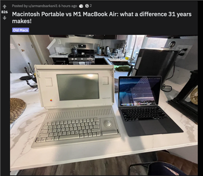 有人搬出珍藏的 Macintosh Portable 与 M1 MacBook Air 摆在一起感受 30 年来的进化