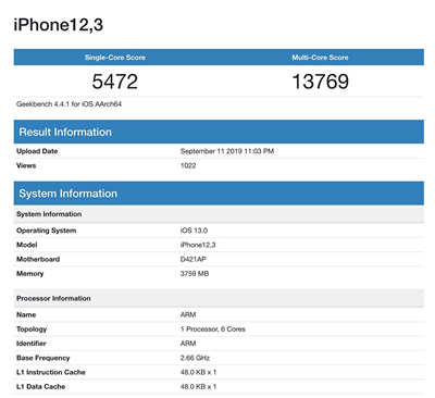 疑似 iPhone 11 Pro A13 处理器跑分曝光比 A12 快 15%