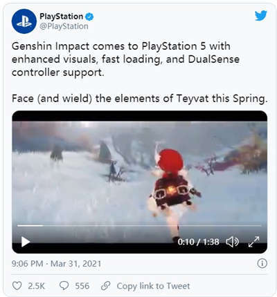 《原神》PS5版今春发售 支持4K、60帧