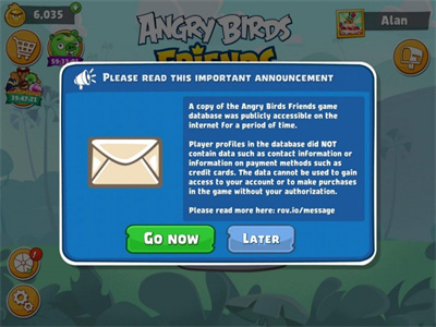 Rovio知名游戏Angry Birds Friends发生用户数据库轻微泄漏