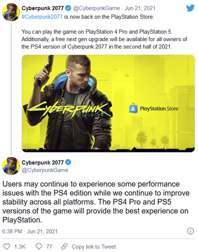 《赛博朋克2077》回归PlayStation商店 但PS4用户会收到警告(1)