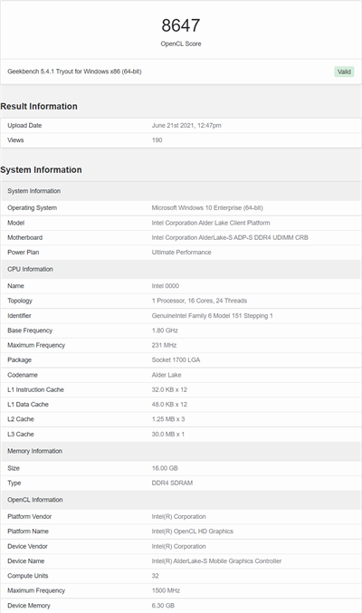 Intel Alder Lake 16核桌上型和14核行动CPU经过测试，发现有256个EU Xe-HPG和32个EU(1)