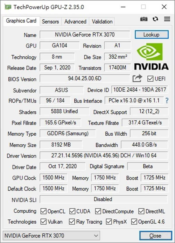 ASUS TUF GAMING RTX 3070 O8G显示卡开箱测试/温控表现亮眼(24)