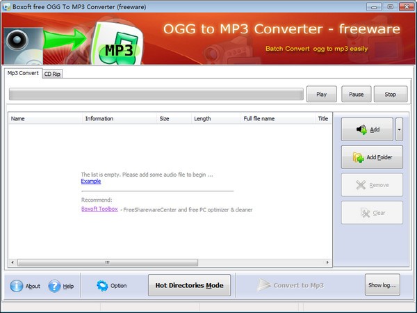 Boxoft free Ogg to MP3 Converter(Ogg到MP3转换器)