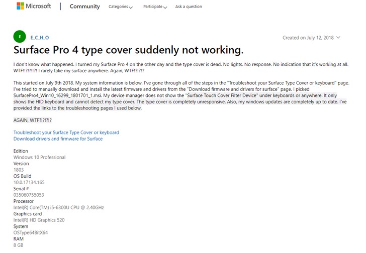 Windows 10固件更新后,微软Surface Pro 3/4键盘盖突然“罢工”(1)