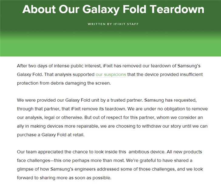 三星要求iFixit撤下Galaxy Fold拆解报告(1)
