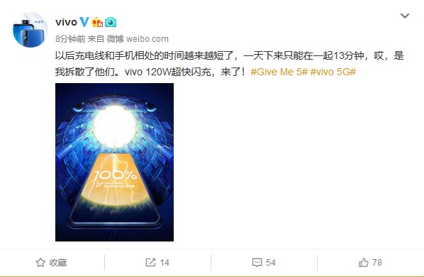 vivo 120W超快闪充来了:13分钟就可充满4000mAh