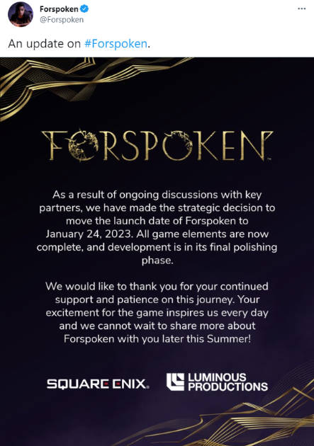 Square Enix 游戏大作《Forspoken》 又一次跳票，将首款支持微软 Win11 DirectStorage