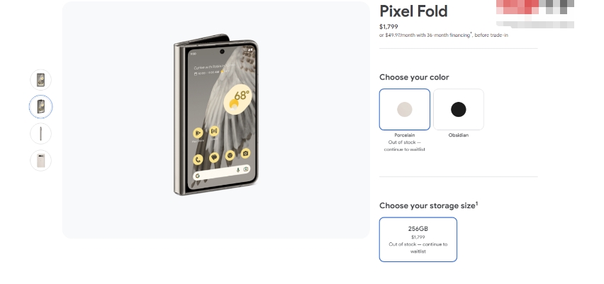 谷歌 Pixel Fold 折叠屏手机珊瑚色在美国“缺货”，512GB 版刚补货