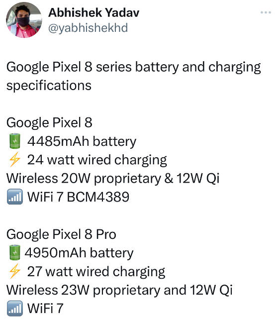 谷歌 Pixel 8 系列手机曝光:最高 4950mAh 电池,支持 27/23W 充电