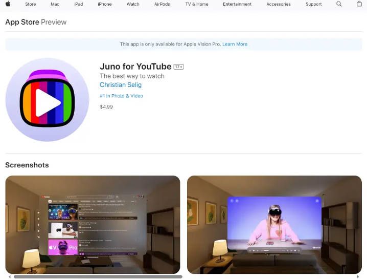 苹果 Vision Pro 头显专用：海外开发者制作第三方 YouTube 应用“Juno”(1)
