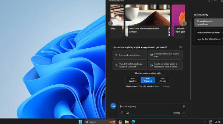 微软 Win11 预览版支持调整 Copilot 窗口尺寸，后续考虑支持全屏