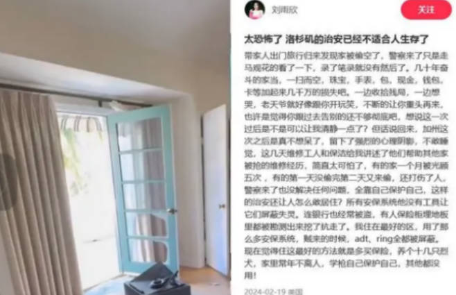 洛杉矶治安直观显示 刘雨欣家中遭窃损失千万