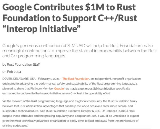 谷歌向 Rust 基金会捐赠 100 万美元，改善 C++ 与 Rust 语言间互操作性