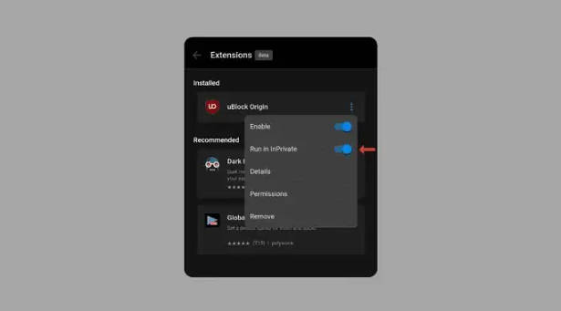 安卓 Canary 版微软 Edge 浏览器新特性：InPrivate 窗口可启用扩展