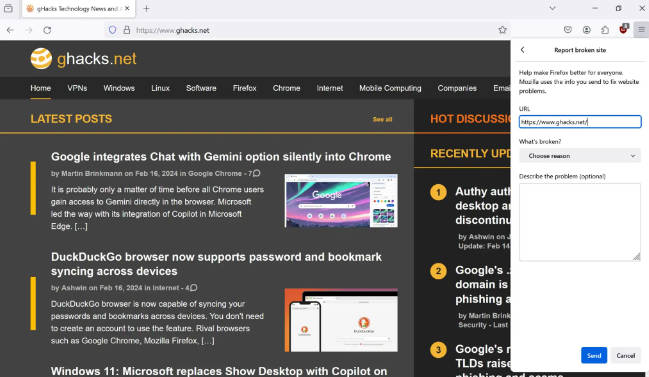 火狐浏览器 Firefox 123 稳定版发布：新增网站故障报告工具(1)