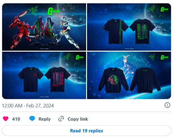 雷蛇《高达》梦幻联动 将推出限量主题电竞椅和服装产品