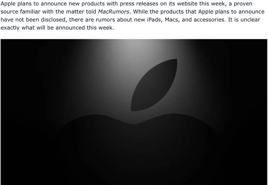 苹果公司有望本周通过新闻稿形式发布 OLED iPad Pro / M3 MacBook Air 等产品
