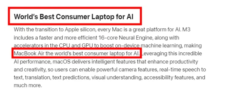 苹果：新款 MacBook Air 是“用于 AI 的全球最佳消费级笔记本电脑”(1)