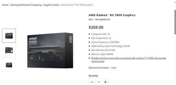 AMD 在欧推出 Radeon RX 7600 公版显卡 定价为269 美元