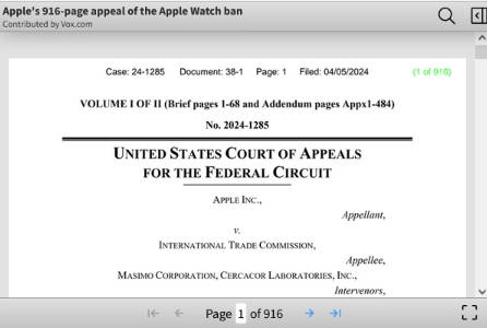 Apple Watch 血氧侵权案“第二幕”，苹果提交 916 页上诉书：Masimo 都没推出过手表(1)